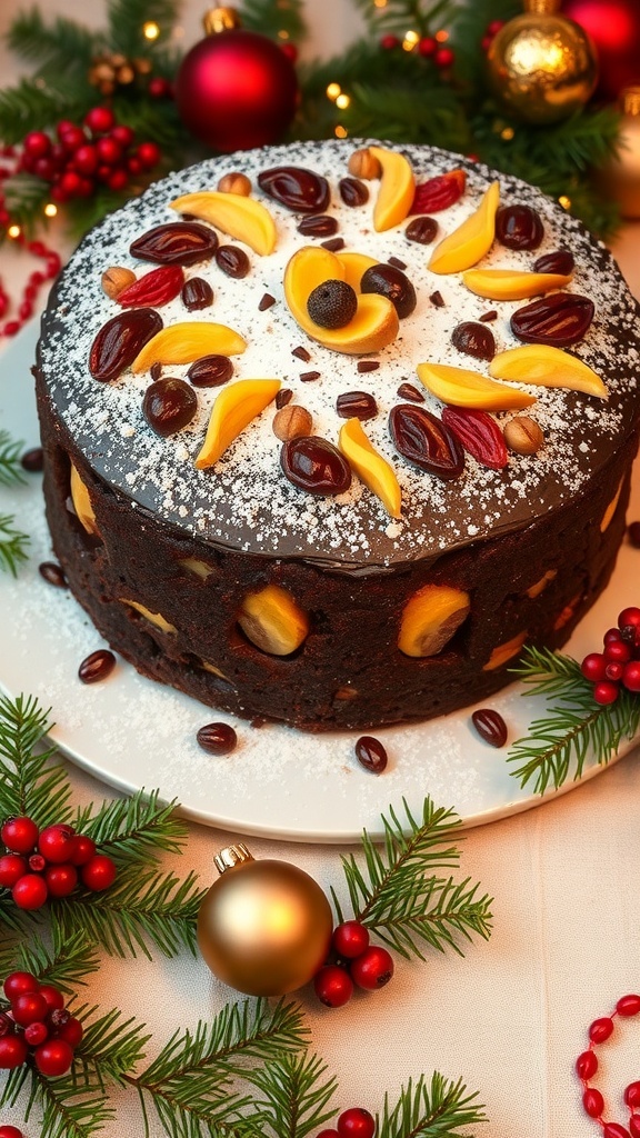 A gluten-free Christmas cake decorated with dried fruits and nuts on a festive table.